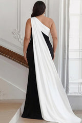 Dressystars Plus Size Black White Sheath One Shoulder Long Satin Prom Dress With Side Cape