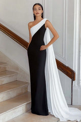 Dressystars Plus Size Black White Sheath One Shoulder Long Satin Prom Dress With Side Cape