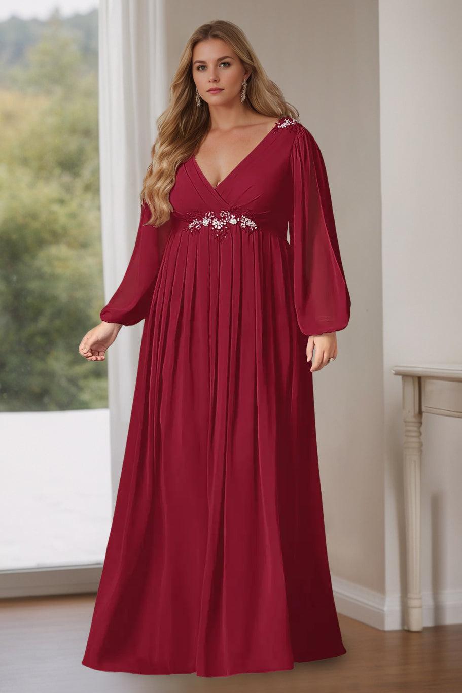 Plus Size Floor-Length A-Line Mother of the Bride Dress with V-Neck and Long Ruffled Sleeves