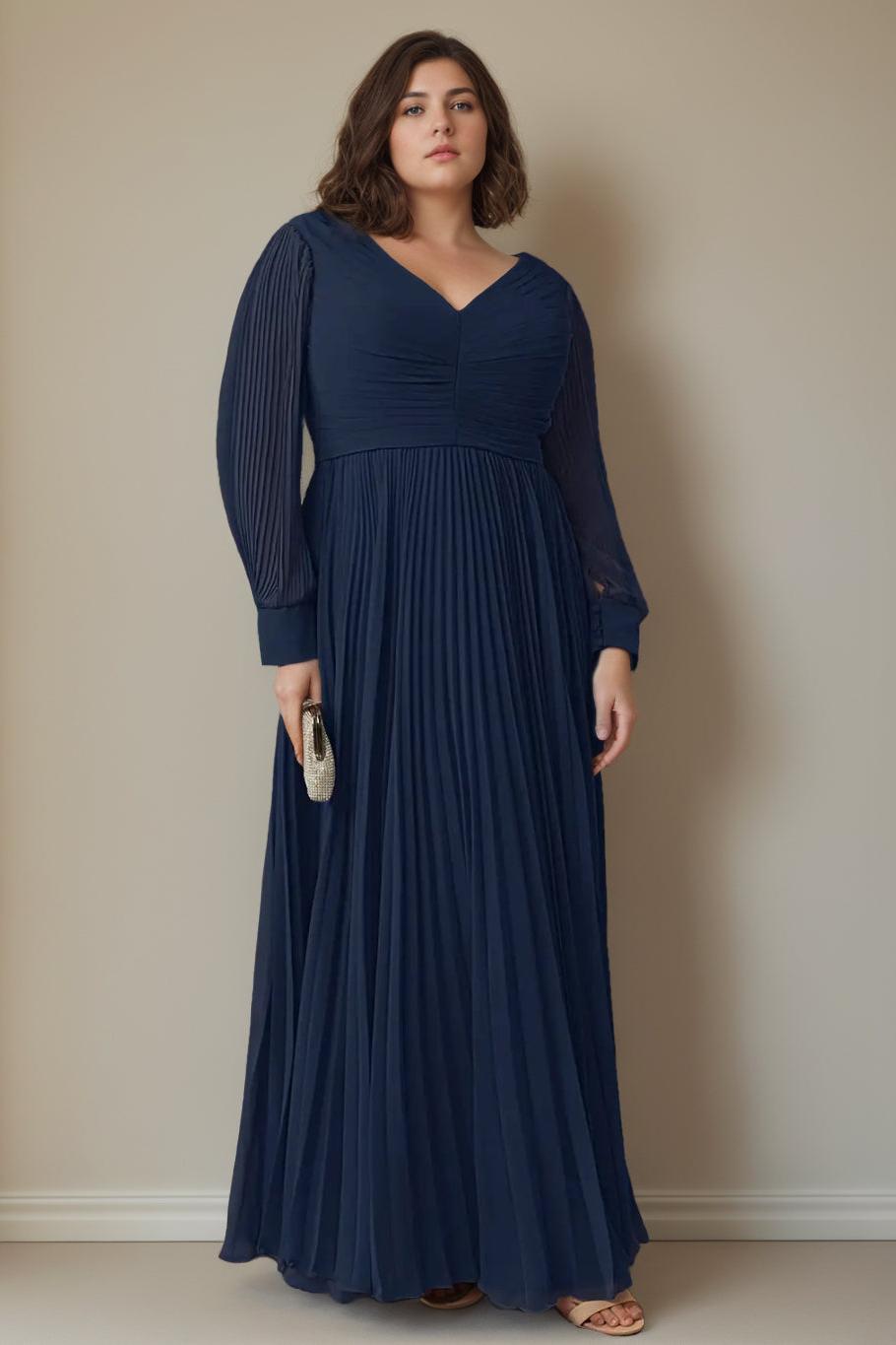 Plus Size Floor-Length A-Line Mother of the Bride Dress with V-Neck and Long Sleeves