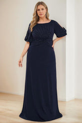 Plus Size Floor-Length A-Line Princess Mother of the Bride Dress with Hot Drill and Round Neck Half Sleeves
