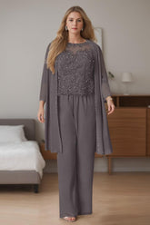 Plus Size Floor-Length Chiffon Pantsuits With Jacket - 3 Piece Set Scoop Neck & Long Sleeves