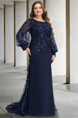 Plus Size Floor-Length Mermaid/Trumpet Mother of the Bride Dress with Scoop Neck and Long Sequined Sleeves