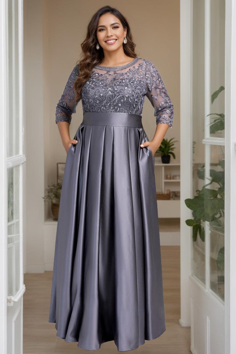 Plus Size Floor-Length Mother of the Bride A-Line Dress with 3/4 Sleeves Scoop Neck Bow & Sequins