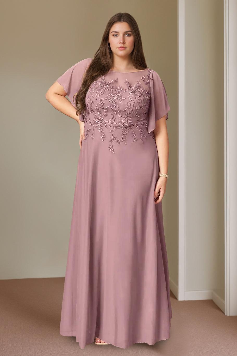 Plus Size Floor-Length Mother of the Bride A-Line Dress with Lace Round Neck and Short Sleeves