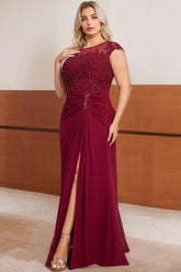 Plus Size Floor-Length Mother of the Bride A-Line Dress with Scoop Neck Cap Sleeves Beading Pleats & Sequins