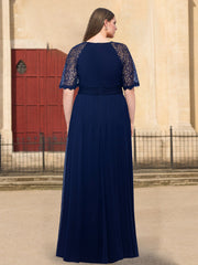 Plus Size Floor-Length Mother of the Bride A-Line Dress with Scoop Neck Half Sleeves Ruffles and Lace