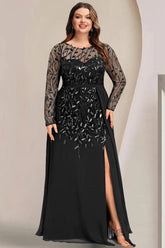 Plus Size Floor-Length Mother of the Bride A-Line Dress with Scoop Neck Long Sleeves Side Split Ruffles & Sequins