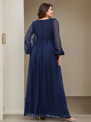 Plus Size Floor-Length Mother of the Bride A-Line Dress with V-Neck and Ruffled Long Sleeves