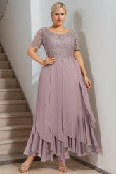 Plus Size Mother of the Bride A-Line Dress with Round Neck Short Sleeves and Cascading Ruffles
