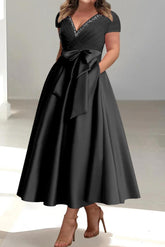 Plus Size Mother of the Bride A-Line Princess V-Neck Dress with Pockets and Ruffles