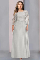 Plus Size Mother of the Bride A-Line/Princess Floor-Length Dress with Scoop Neckline Pleats & Lace Appliques