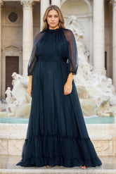 Plus Size Mother of the Bride A-Line/Princess Halter Dress with 3/4 Sleeves and Ruffles Floor-Length