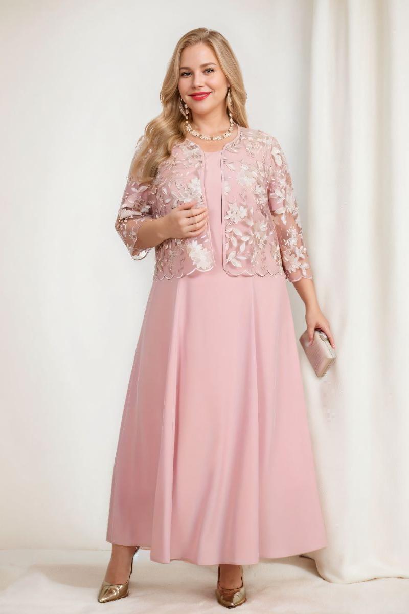 Plus Size Mother of the Bride A-Line/Princess Tea-Length Dress with 3/4 Sleeves Appliques & Jacket