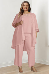 Plus Size Mother of the Bride Chiffon Pantsuit with Long Sleeves and Jacket