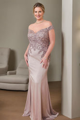 Plus Size Off-the-Shoulder Beaded Trumpet/Mermaid Mother of the Bride Gown Floor-Length