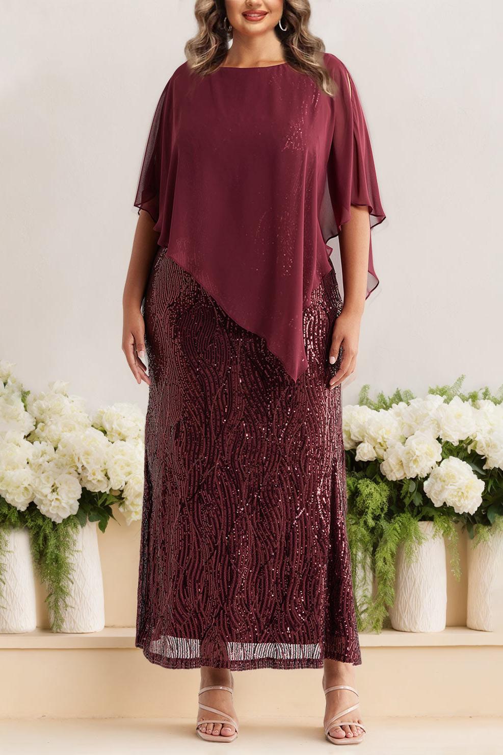 Plus Size Sequined A-Line Mother of the Bride Dress with Scoop Neck and Half Sleeves