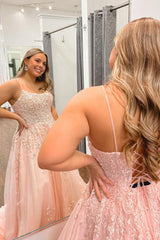 Plus Size Spaghetti Straps Light Pink Prom Dress Long Evening Dress with Appliques