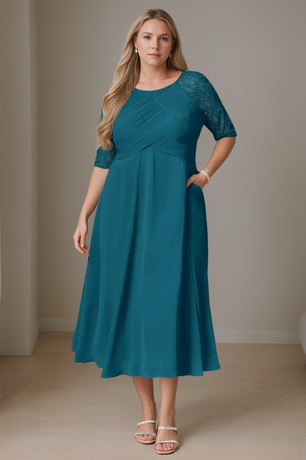 Plus Size Tea-Length Mother of the Bride A-Line Dress with Ruffles Round Neck and Half Sleeves