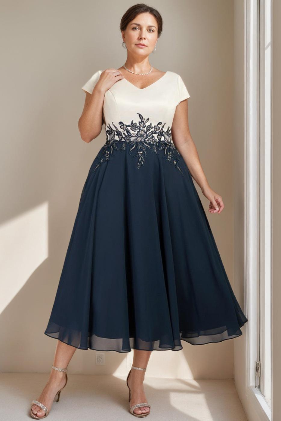 Plus Size Tea-Length Mother of the Bride Dress in A-Line/Princess Cut with V-Neck and Short Sleeves Featuring Lace