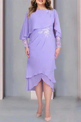 Plus Size Tea-Length Mother of the Bride Dress with Scoop Neck Short Sleeves and Lace Appliques