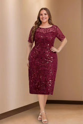 Plus Size Tea-Length Mother of the Bride Dress with Scoop Neck and Half Sleeves
