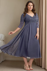 Plus Size Tea-Length Mother of the Bride Dress with V-Neck and 3/4 Princess Sleeves