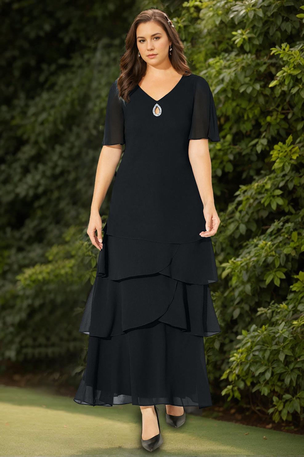 Plus Size V-Neck A-Line Princess Ankle-Length Mother Of The Bride/Groom Dress with Sequins and Ruffles
