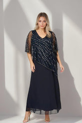 Plus Size V-Neck A-Line Princess Ankle-Length Mother of the Bride Dress with Asymmetrical Cape Popover and Half Sleeves