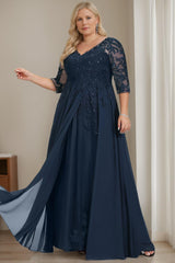 Plus Size V-Neck A-Line Princess Floor-Length Mother of the Bride Dress with Half Sleeves and Sequins