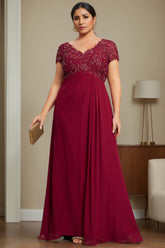 Plus Size V-Neck A-Line Princess Floor-Length Mother of the Bride Dress with Rhinestone and Pleated Details