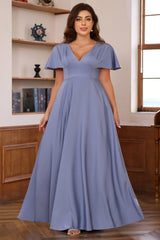 Plus Size V-Neck A-Line Princess Floor-Length Mother of the Bride Dress with Ruffles and Short Sleeves