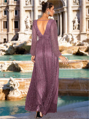 Plus Size V-Neck A-Line Princess Floor-Length Mother of the Bride/Groom Dress with Long Sleeves and Ruffles