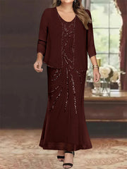 Plus Size V-Neck Ankle-Length Sheath/Column Mother of the Bride Dresses with Sequins & Jacket