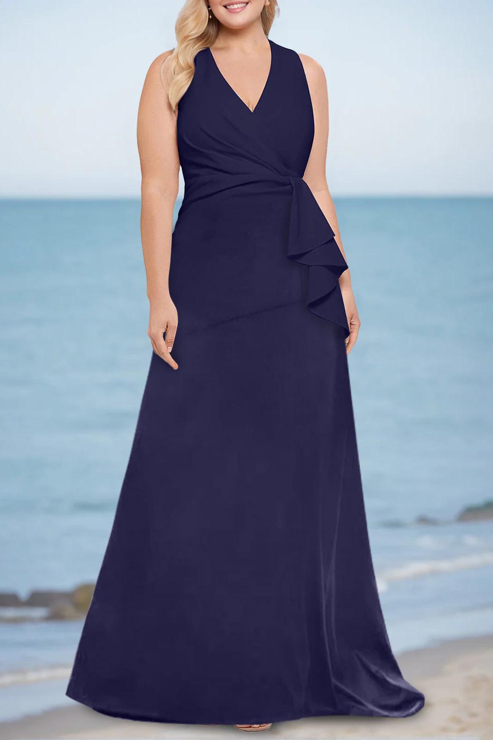 Plus Size V-Neck Sleeveless Floor-Length Trumpet/Mermaid Mother of the Bride Dresses with Ruffles