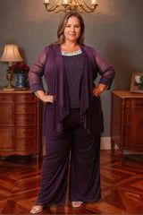 Plus-size 3/4 sleeve round-neck polyester mother-of-the-bride dress set with jacket