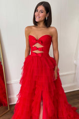 Polka Dot Prom Dress Strapless Ruffle Tiered Keyhole Evening Dress