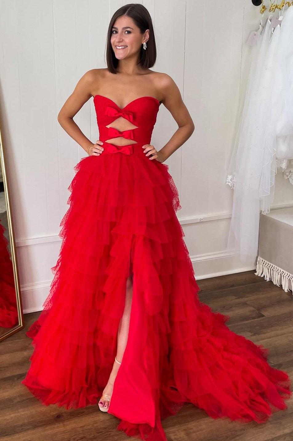 Polka Dot Prom Dress Strapless Ruffle Tiered Keyhole Evening Dress