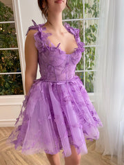 Pretty A Line Homecoming Dress Short Tulle with 3D Butterflies Evening Dress