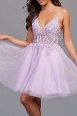 Pretty Homecoming Dress A Line Backless Style Tulle Appliqued Short Party Cocktail Dress
