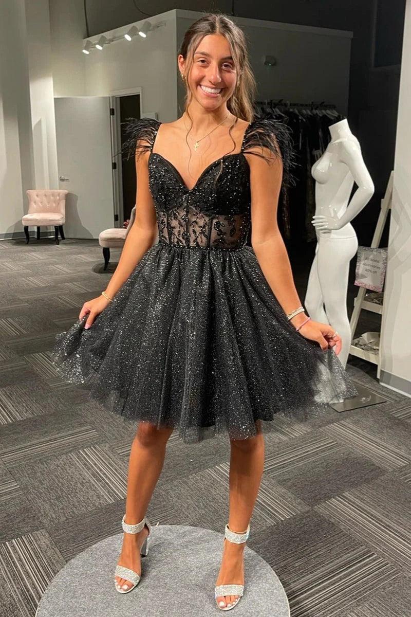 Pretty Homecoming Dress A Line Black Sparkly Tulle Short Party Cocktail Dress