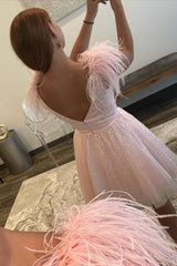 Pretty Homecoming Dress A Line DeepV neck Tulle with Chic Feather Styles Short Party Cocktail Dress