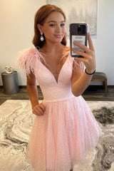 Pretty Homecoming Dress A Line DeepV neck Tulle with Chic Feather Styles Short Party Cocktail Dress