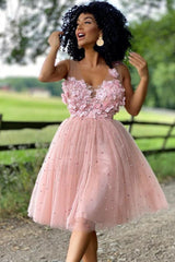Pretty Homecoming Dress A Line Delicate Beading Tulle with Flowers Short Party Cocktail Dress