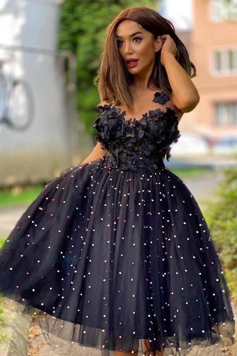 Pretty Homecoming Dress A Line Delicate Beading Tulle with Flowers Short Party Cocktail Dress