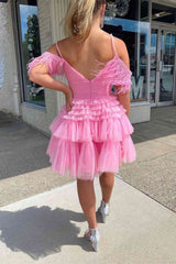 Pretty Homecoming Dress A Line Girly pink Glitter Tulle with Chic Feather Short Party Cocktail Dress