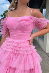 Pretty Homecoming Dress A Line Girly pink Glitter Tulle with Chic Feather Short Party Cocktail Dress