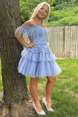 Pretty Homecoming Dress A Line Girly pink Glitter Tulle with Chic Feather Short Party Cocktail Dress