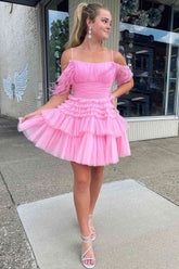Pretty Homecoming Dress A Line Girly pink Glitter Tulle with Chic Feather Short Party Cocktail Dress