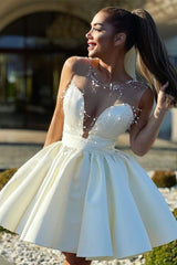 Pretty Homecoming Dress A Line Illusion Neck Ivory with Beads Short Party Cocktail Dress